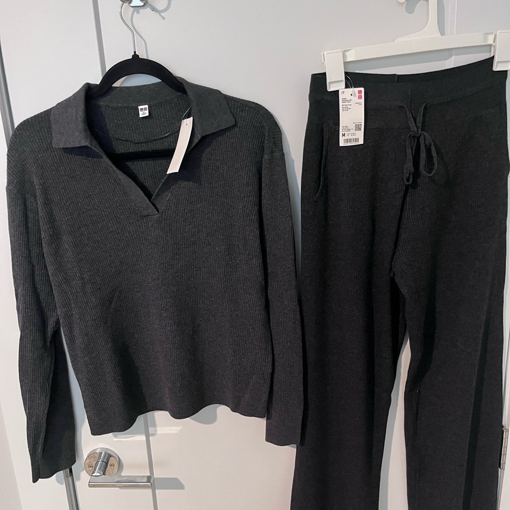 Uniqlo Dark Gray Ribbed Knit Top and Pants Set
